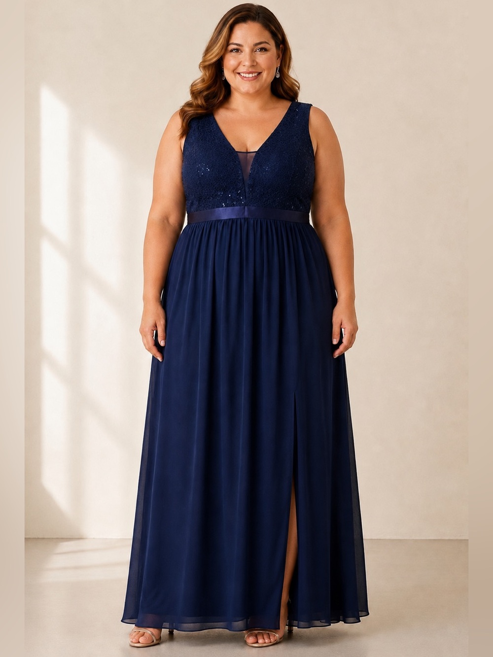 Missmay 2XL Navy Sequin Lace Chiffon Formal Maxi Evening Dress NWT